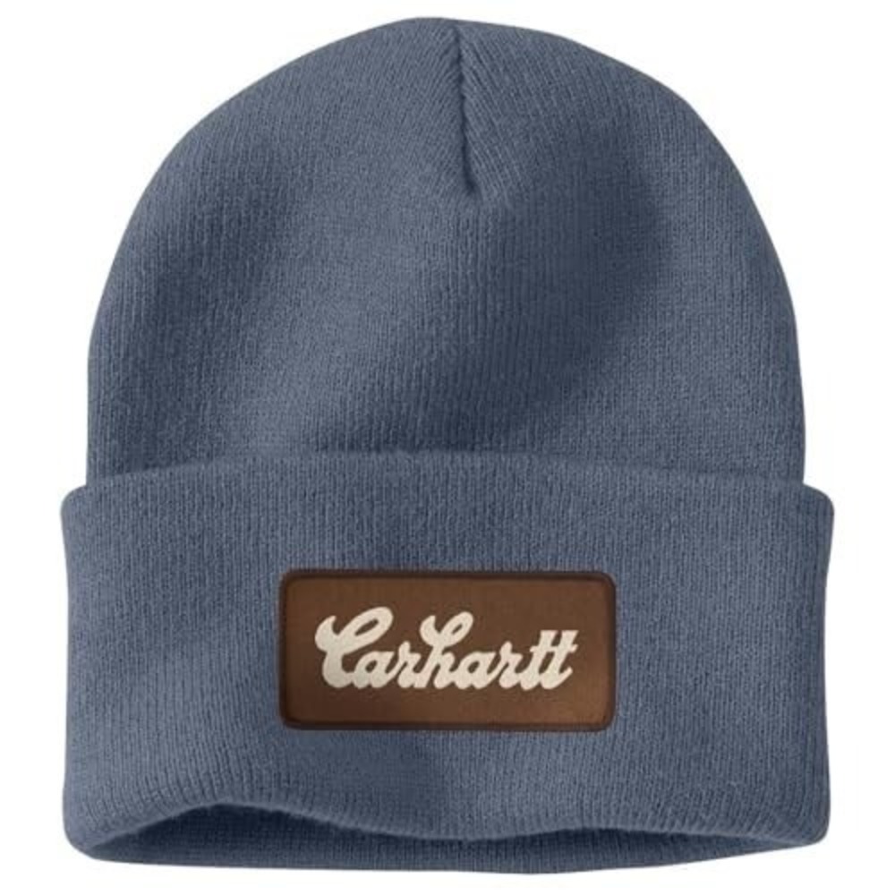Carhartt Blue Grey Knit Cuffed Beanie Hat with Script Logo Patch One Size